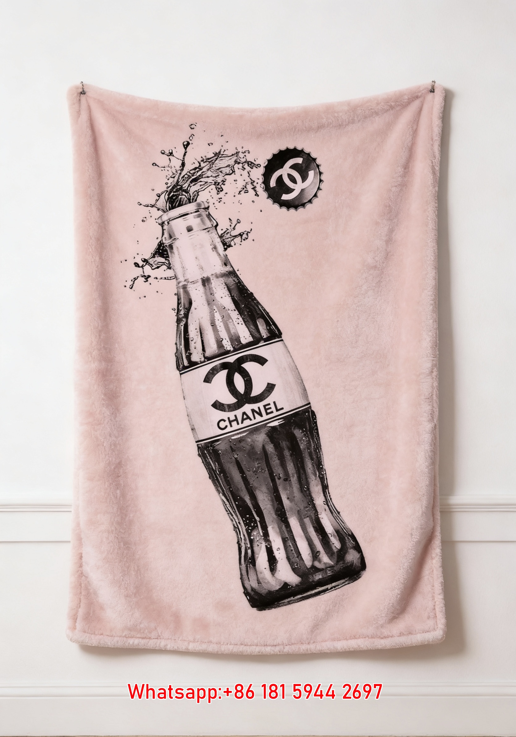 Pink Chanel Soda Bottle Splash Art Flannel Throw Blanket IMG_7108